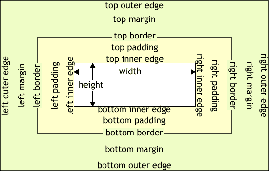 A graphical presentation of the CSS box model.